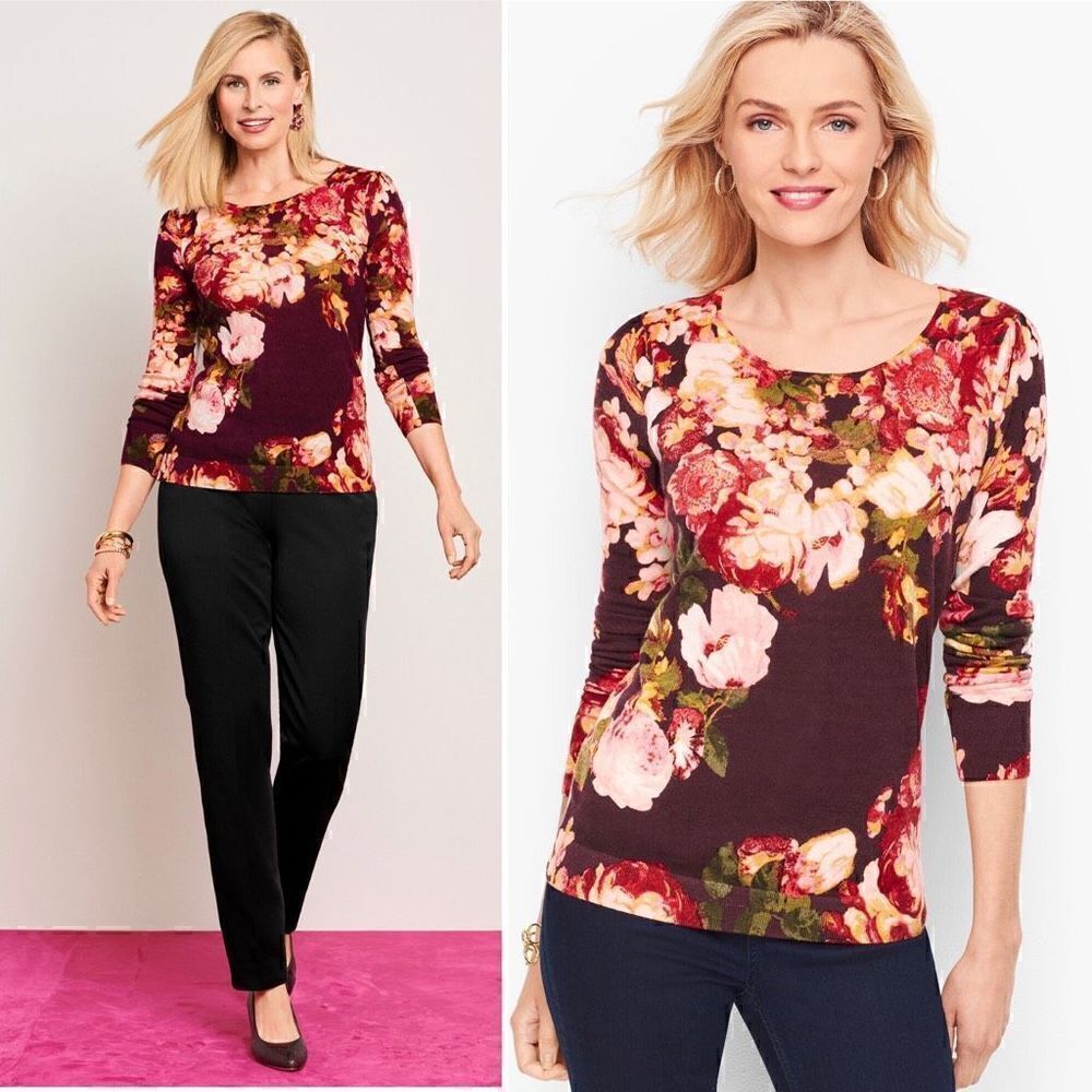 Talbots Pure Merino Wool Gathered Shoulder Sweater - Burgundy Floral, S - Picture 10 of 10
